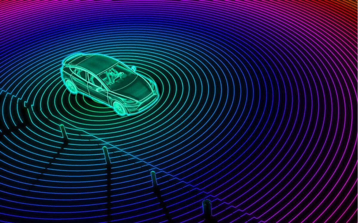Illustration of a self-driving LiDAR car emitting lasers