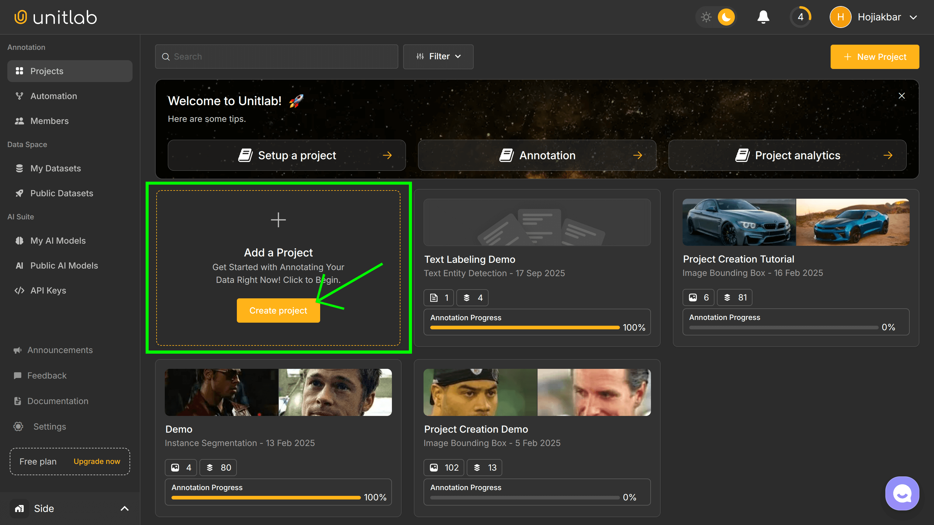 Unitlab Annotate Projects Dashboard