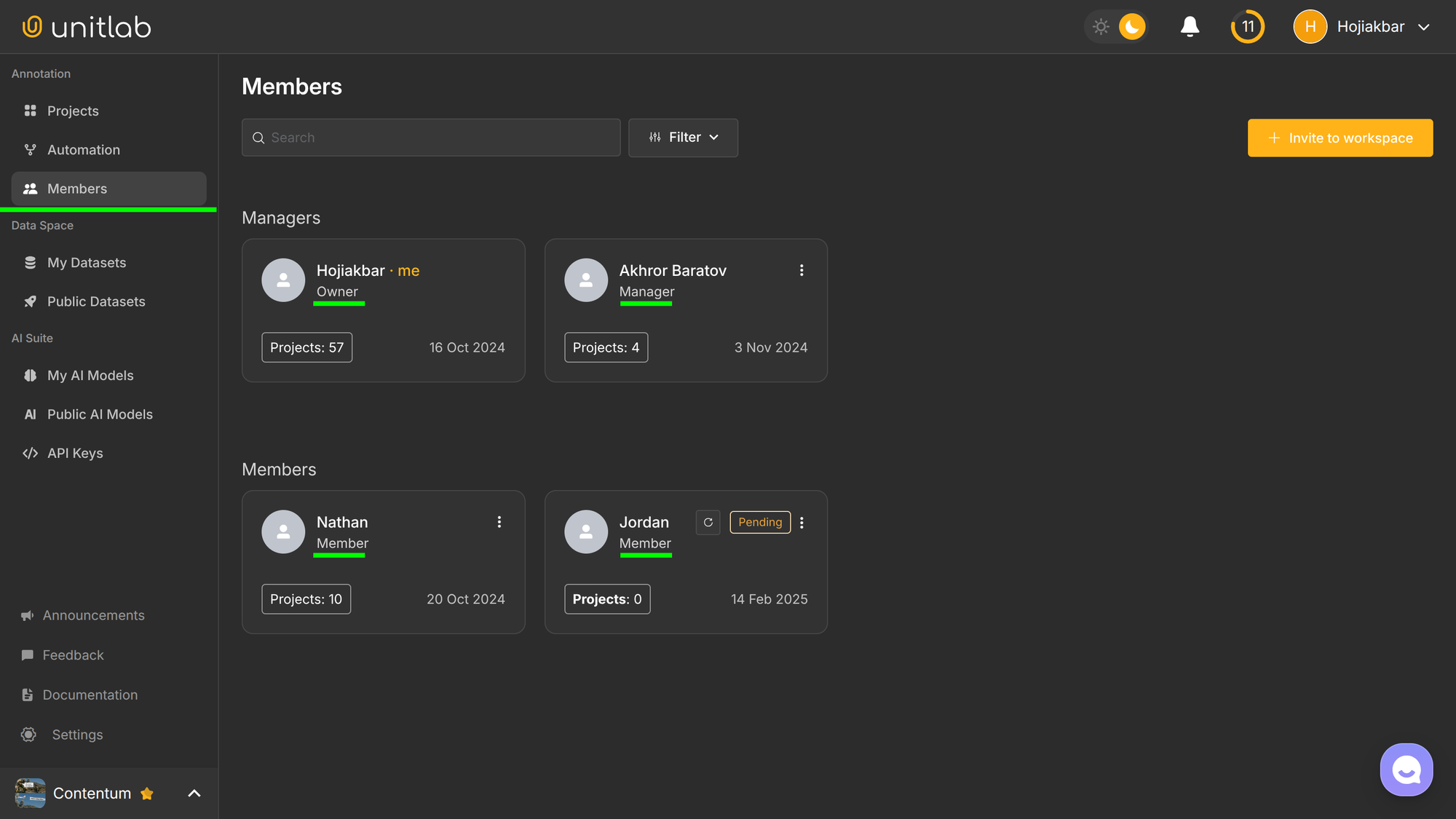 Workspace Members Dashboard | Unitlab AI